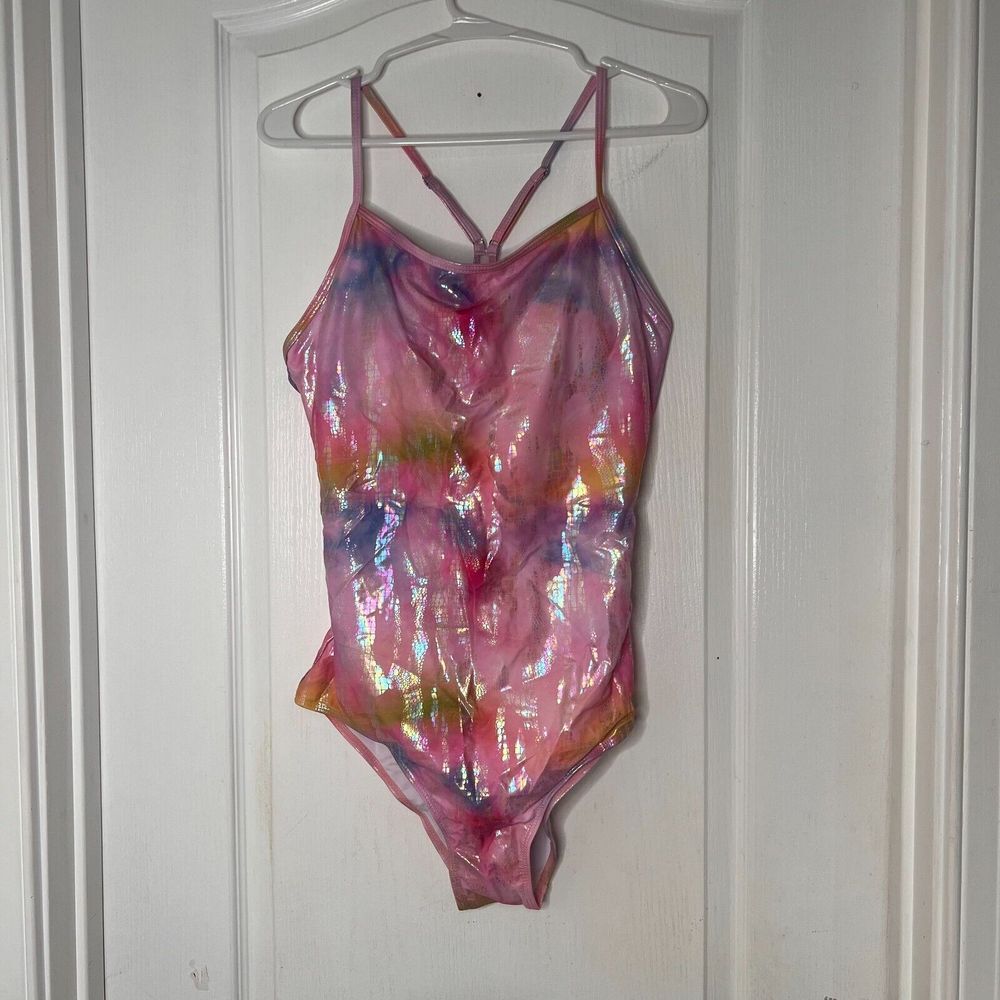 Pink Iridescent Tie Dye Holographic Scale One Piece‎ Swimsuit XL Mermaidcore